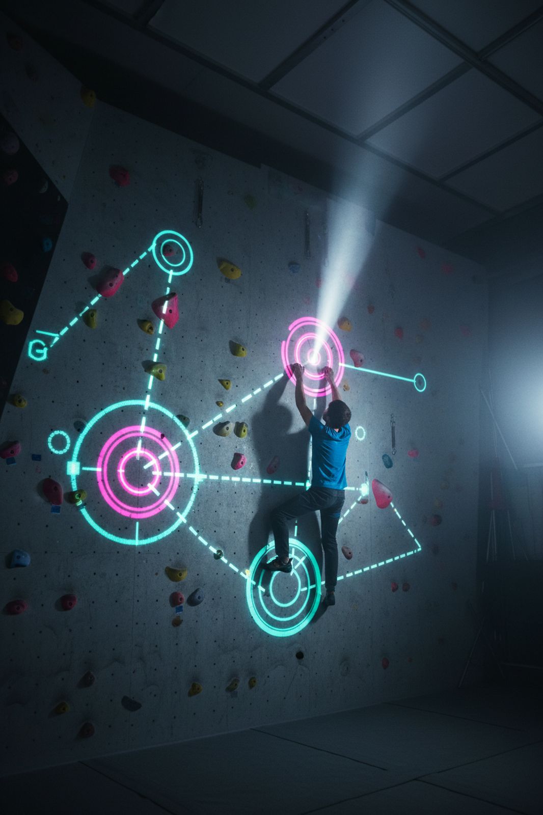 Climber reaching for a glowing target projected onto an augmented-reality climbing wall