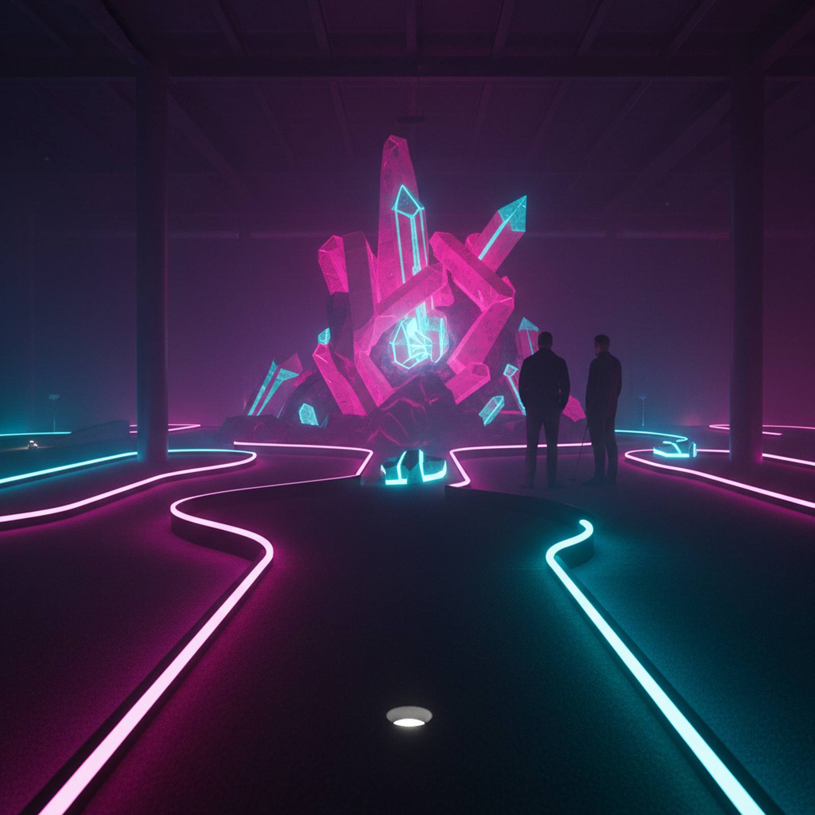 Immersive mini golf hole lit by a glowing crystal sculpture, with neon edge-lighting tracing the course