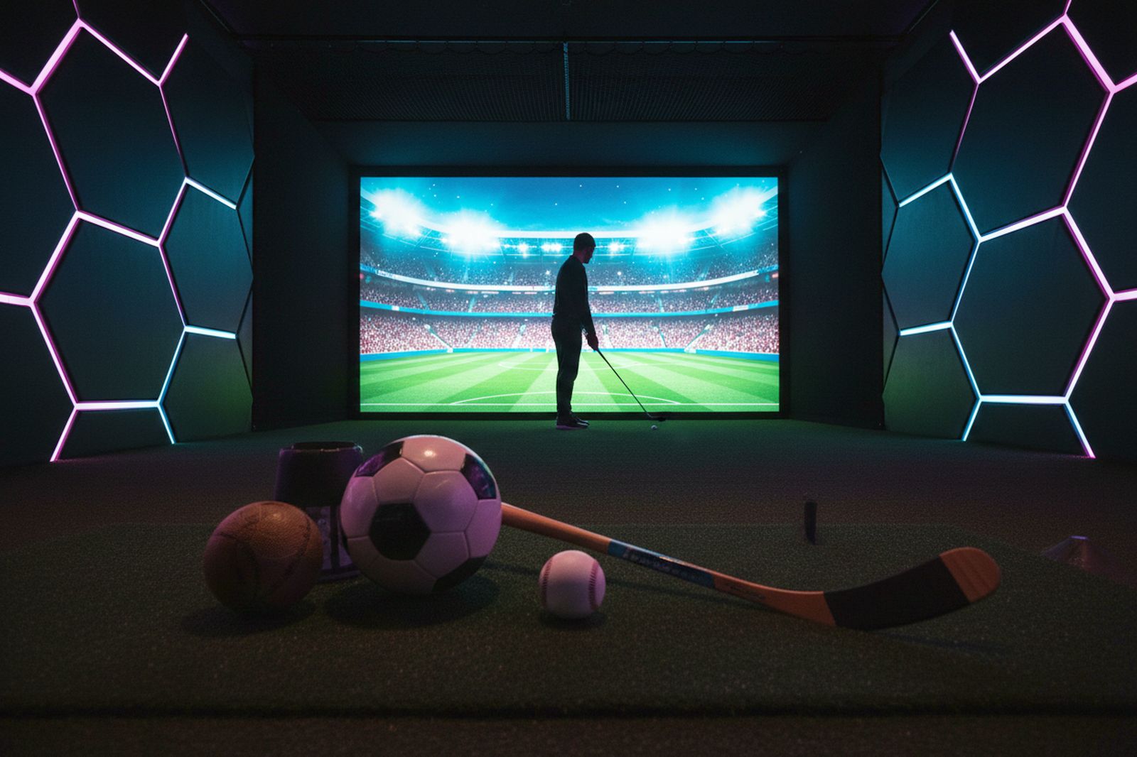 Multi-sport simulator bay: a stadium on the big screen, with soccer, basketball, baseball and hockey gear ready in the foreground